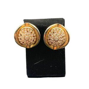 Big Statement Rhinestones Clip On Earrings Round Gold Tone Clear Prong Set Glass